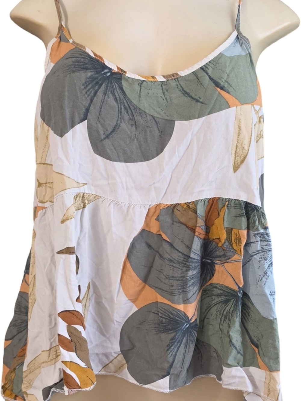 Tropical Leaf Print Flowy Cami Tank White Green Orange Beach Hippie Boho